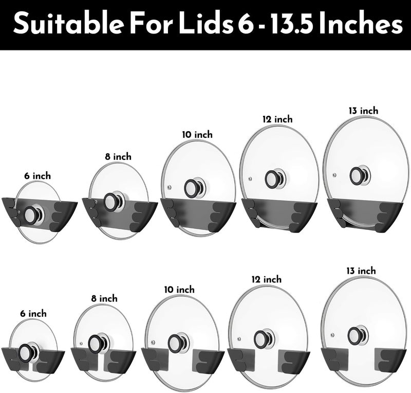 Niceyos Universal Adjustable Pot Lid Holder Organizer for Cabinet - Upgraded Patented 4 Pack Pan Lids Organizers Inside Cabinet Door Wall Mount Pots Top Rack for Kitchen Cupboard Fit 6" to 13" (Black) - Image 2